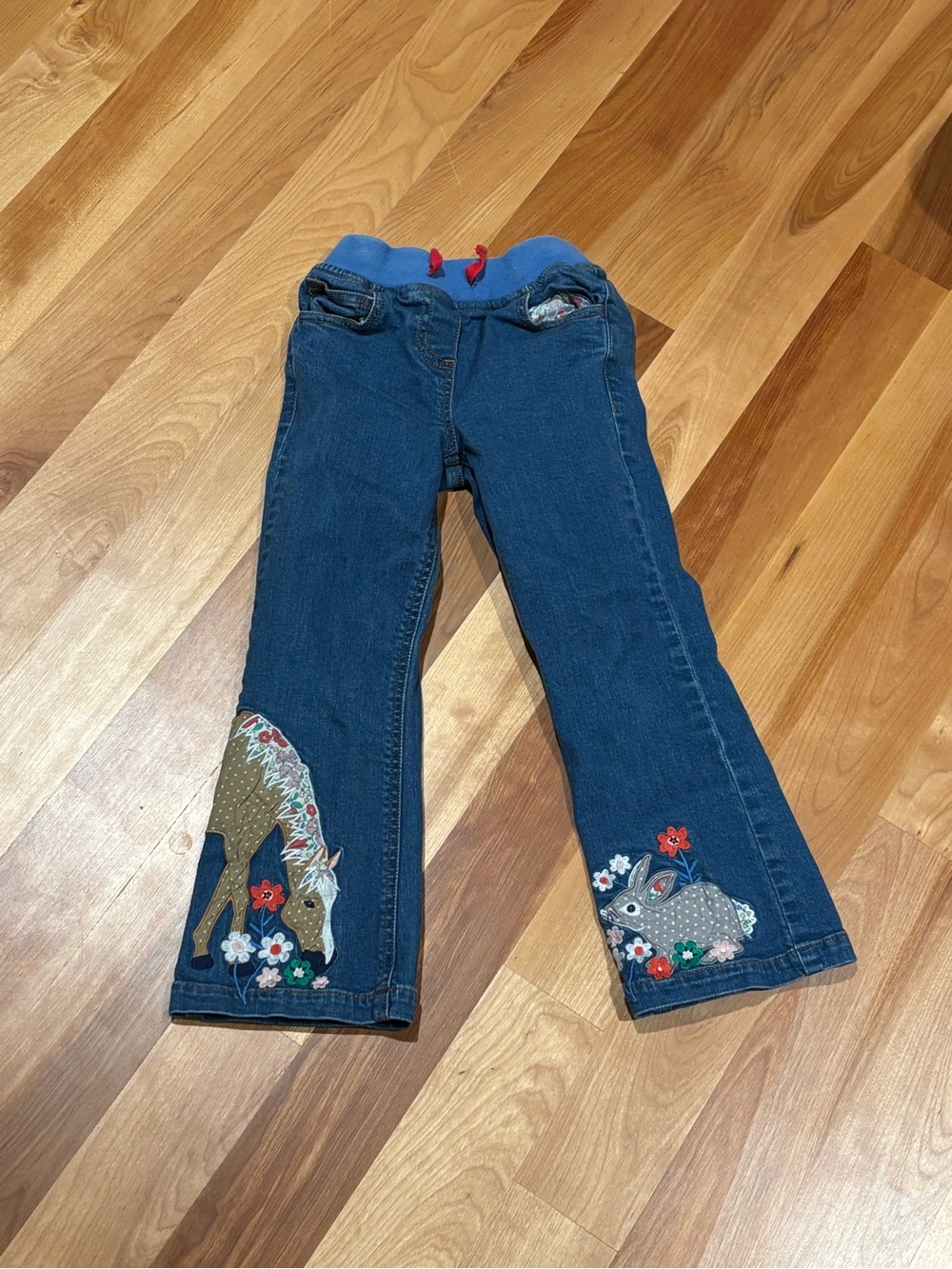 Mini Boden 5 Girls' Blue Embroidered Horse & Bunny Denim jeans